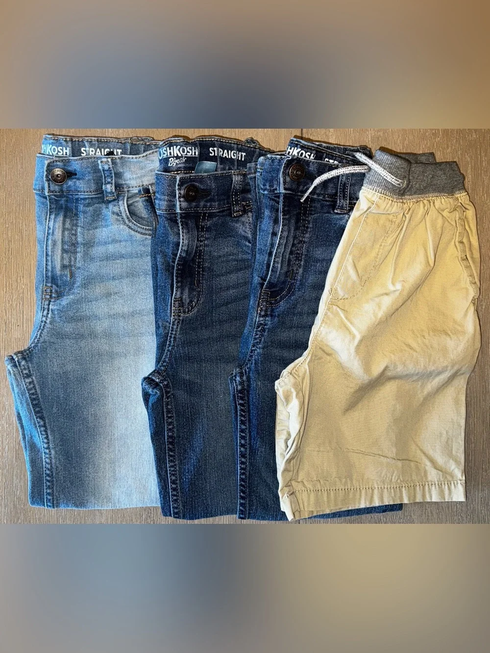 OshKosh B'gosh Boys Denim Jeans and Khaki Shorts - Light Blue, Dark Blue, Tan